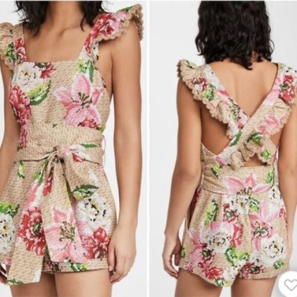 FARM Rio Floral Ruffle Jumpsuit in Pink and Green